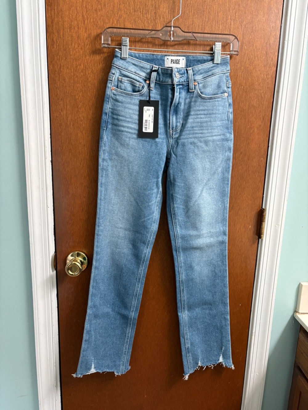 PAIGE High-Rise Straight Ankle Jeans in Light Blue Wash
